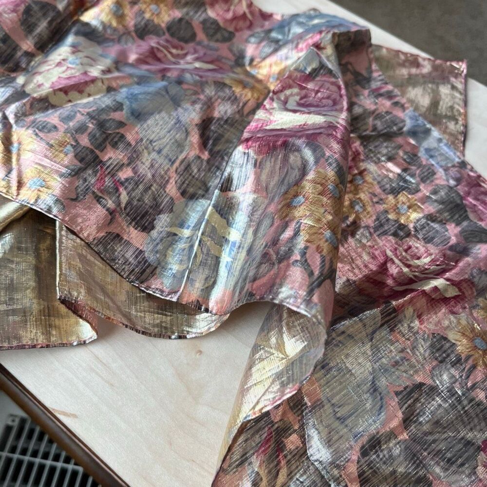 VTG Liquid Gold Metallic Floral Scarf Japan Lurex 52” Golden Girls Chic